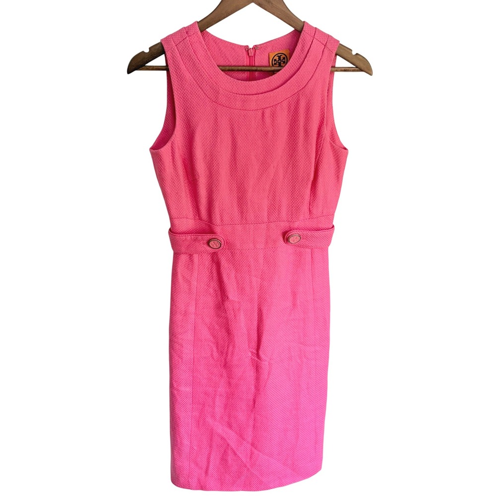 Tory Burch Sheath Dress 2 Preppy Pink Linen Silk Cotton Sleeveless Textured Knee